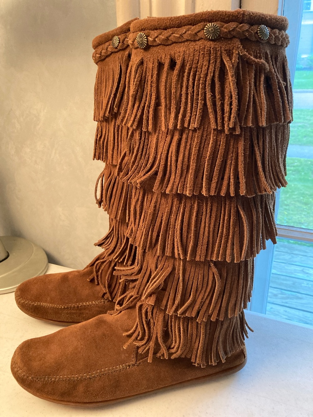 Minnetonka Suede Knee High Fringed Moccasin Boots